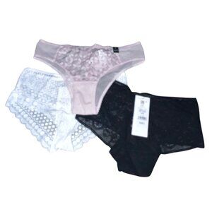 Etam Womens Lace Panty Set XXS 3-Pack Floral & Sheer Design Black Pink White